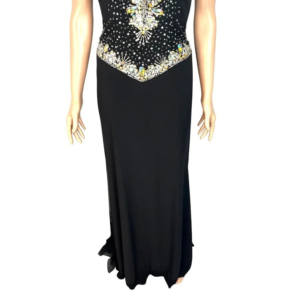 Panoply Black Rhinestone Embellished Mesh Illusion Gown Size 6 W Sheer Neckline - Picture 9 of 13